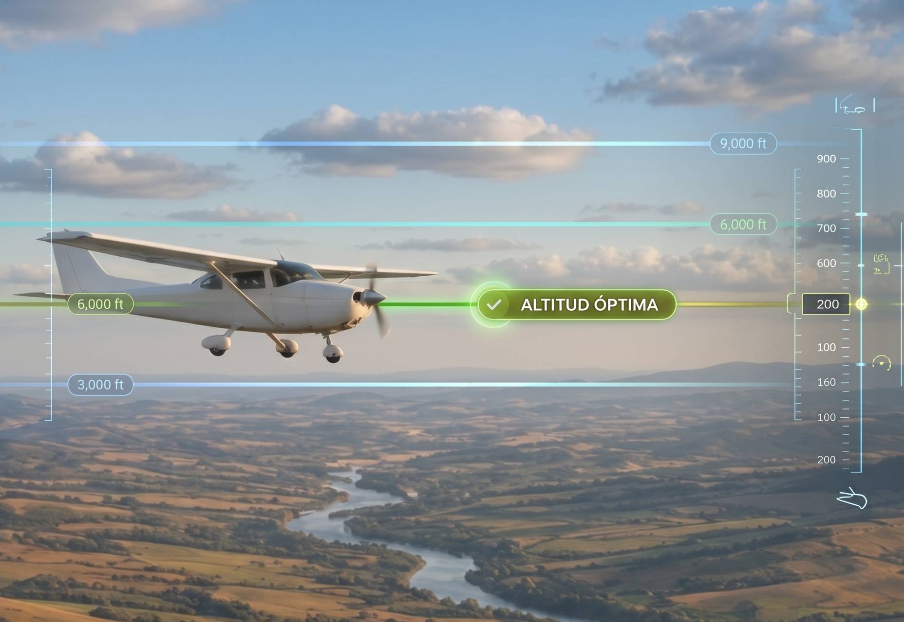 Altitud de crucero VFR: avioneta de ala alta en crucero sobre campos, colinas y un río sinuoso, con cúmulos dispersos y luz de tarde, imagen generada por IA